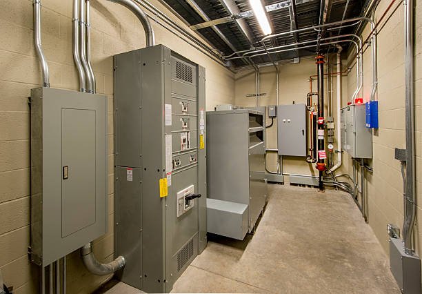 Chambre électrique commerciale avec panneaux de distribution et conduits installés selon le Code électrique du Québec.