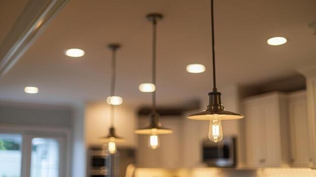 Luminaires suspendus installés dans une cuisine moderne pour offrir un éclairage résidentiel efficace et esthétique au Québec.