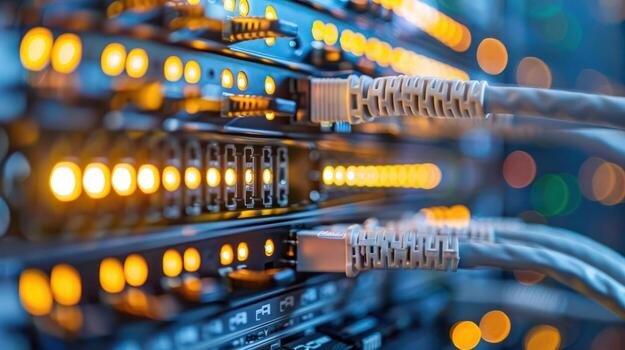 Câblage réseau et connecteurs RJ45 dans une salle télécom commerciale au Québec, installation conforme au Code électrique du Québec.